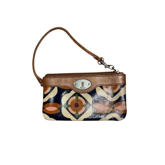 Fossil “Key-Per” Navy Floral Waxed Leather Wristlet  Card Keeper  Classic Trendy - Picture 1 of 11